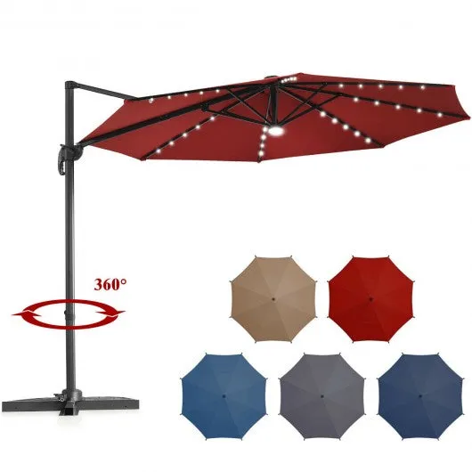 10 Ft Patio Offset Cantilever Umbrella with Solar Lights-Wine