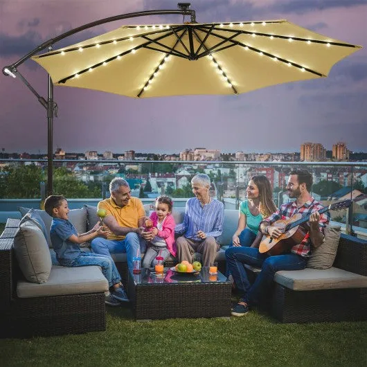 10 Ft Solar LED Offset Umbrella with 40 Lights and Cross Base for Patio-Beige
