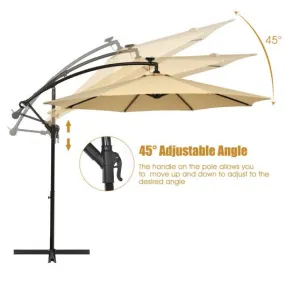 10 Ft Solar LED Offset Umbrella with 40 Lights and Cross Base for Patio-Beige