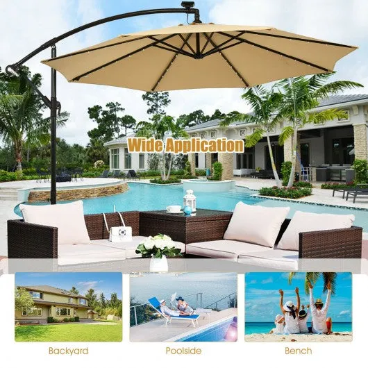 10 Ft Solar LED Offset Umbrella with 40 Lights and Cross Base for Patio-Beige