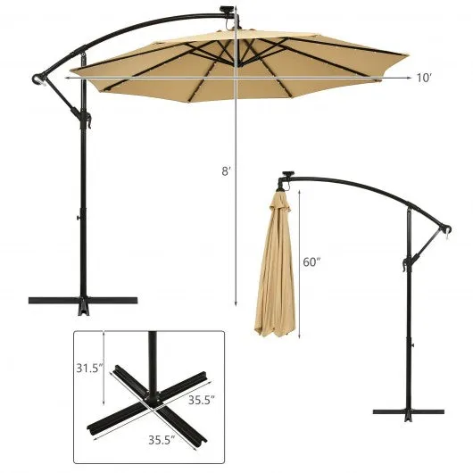 10 Ft Solar LED Offset Umbrella with 40 Lights and Cross Base for Patio-Beige