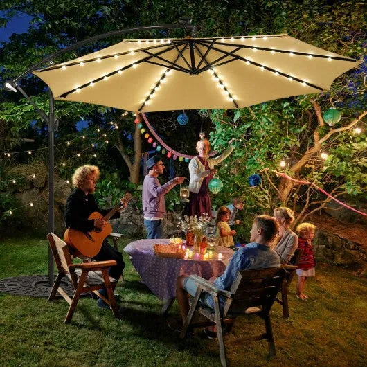 10 Ft Solar LED Offset Umbrella with 40 Lights and Cross Base for Patio-Beige