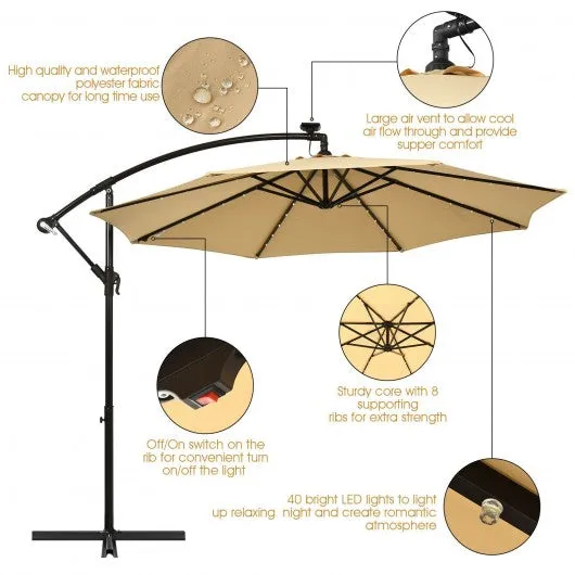 10 Ft Solar LED Offset Umbrella with 40 Lights and Cross Base for Patio-Beige