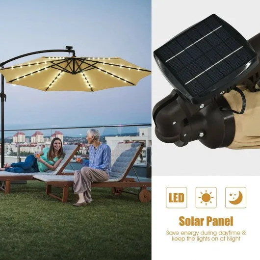 10 Ft Solar LED Offset Umbrella with 40 Lights and Cross Base for Patio-Beige