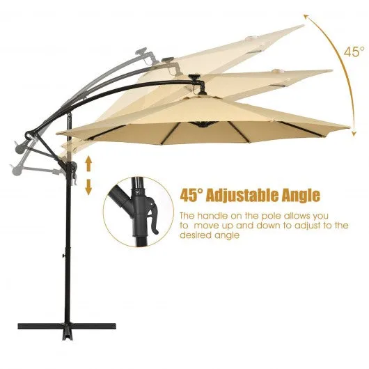 10 Ft Solar LED Offset Umbrella with 40 Lights and Cross Base for Patio-Beige