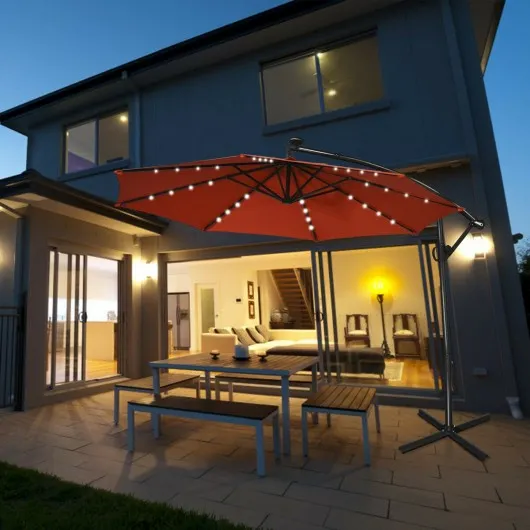 10FT 360 Rotation Solar Powered LED Patio Offset Umbrella-Orange