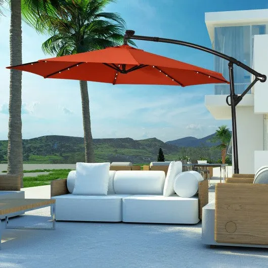 10FT 360 Rotation Solar Powered LED Patio Offset Umbrella-Orange