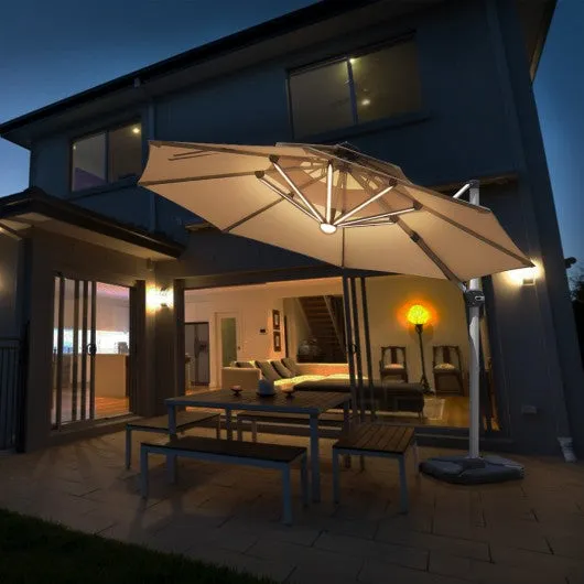 12ft 360? Rotation Aluminum Solar LED Patio Cantilever Umbrella-Beige