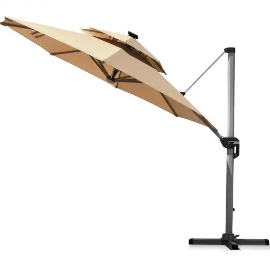 12ft 360? Rotation Aluminum Solar LED Patio Cantilever Umbrella-Beige