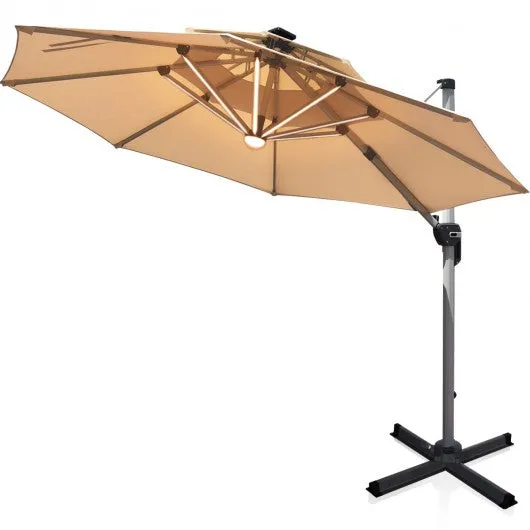 12ft 360? Rotation Aluminum Solar LED Patio Cantilever Umbrella-Beige