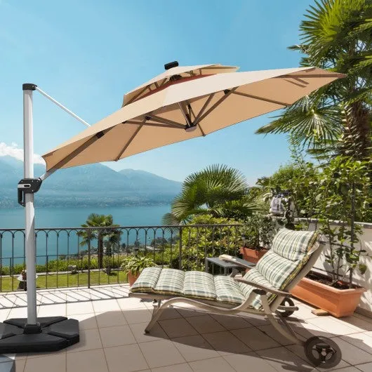 12ft 360? Rotation Aluminum Solar LED Patio Cantilever Umbrella-Beige