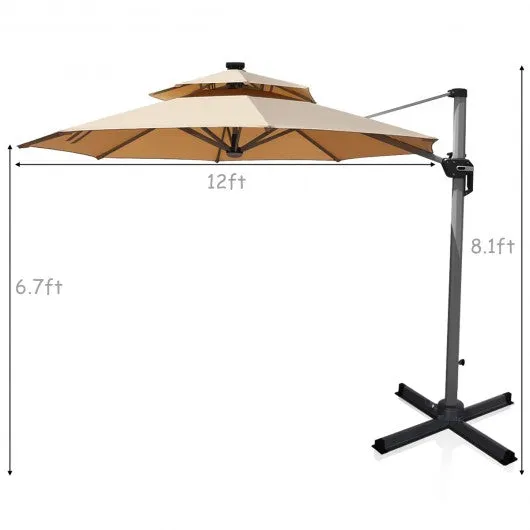 12ft 360? Rotation Aluminum Solar LED Patio Cantilever Umbrella-Beige