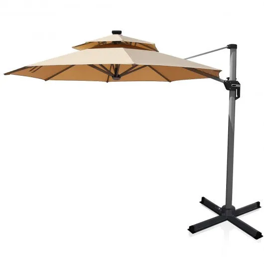 12ft 360? Rotation Aluminum Solar LED Patio Cantilever Umbrella-Beige