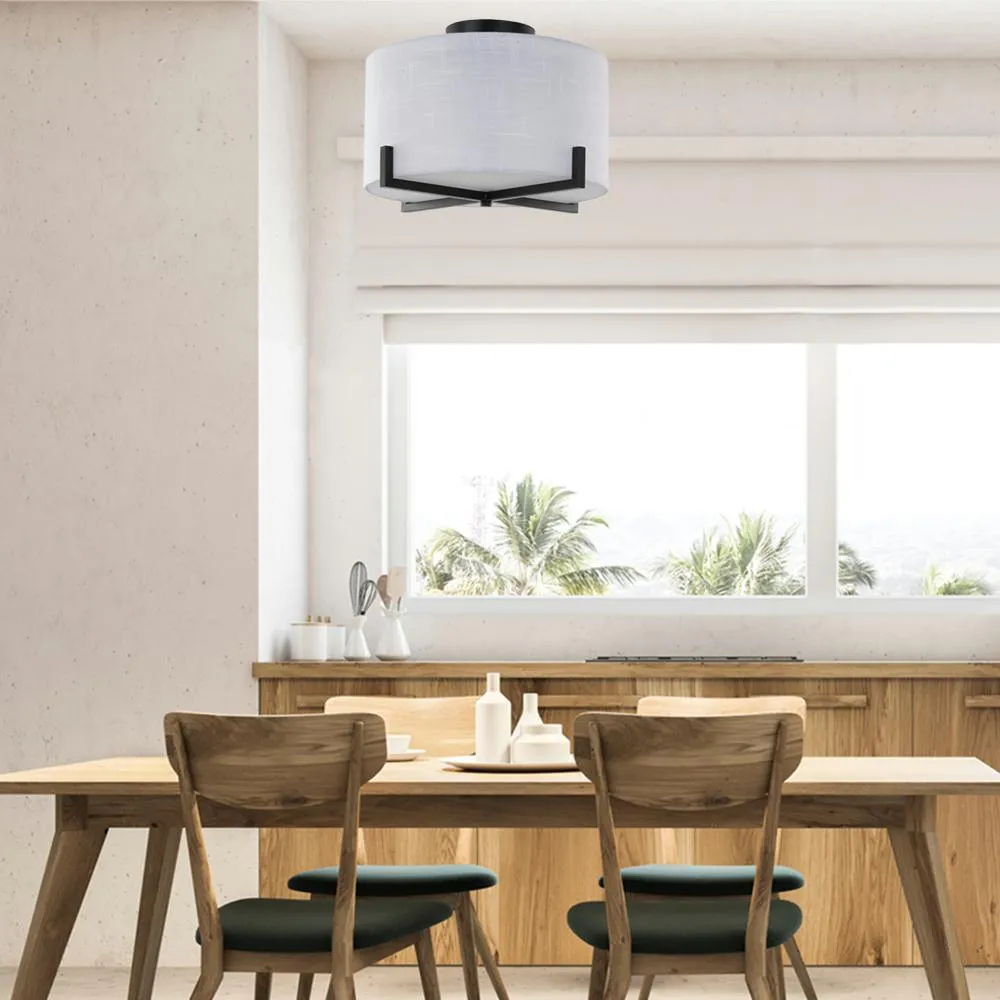 13.5 in. Matte Black Integrated LED Flush Mount with White Fabric Shade