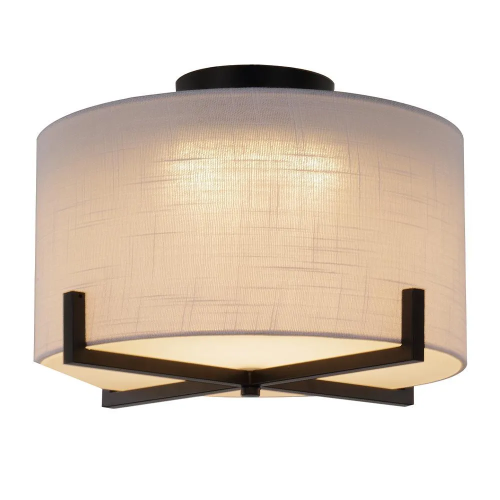 13.5 in. Matte Black Integrated LED Flush Mount with White Fabric Shade
