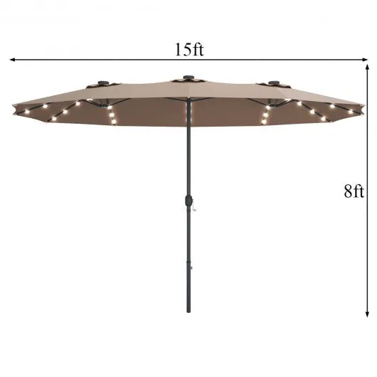 15 Ft Patio LED Crank Solar Powered 36 Lights  Umbrella-Tan