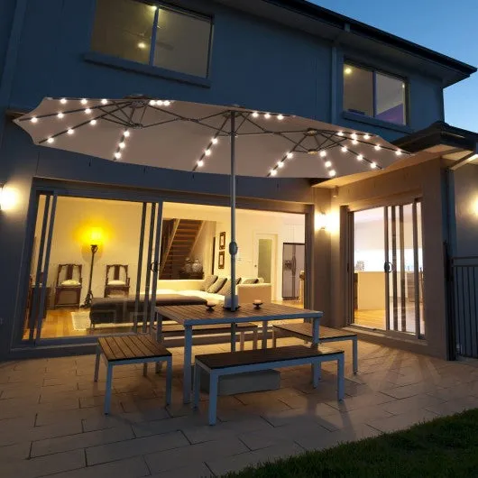 15 Ft Patio LED Crank Solar Powered 36 Lights  Umbrella-Tan