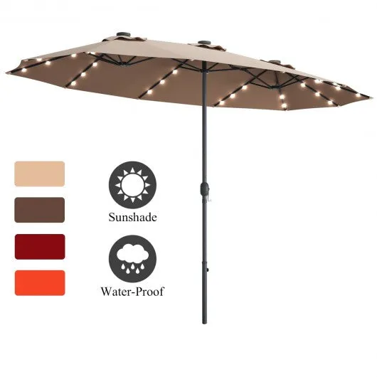 15 Ft Patio LED Crank Solar Powered 36 Lights  Umbrella-Tan