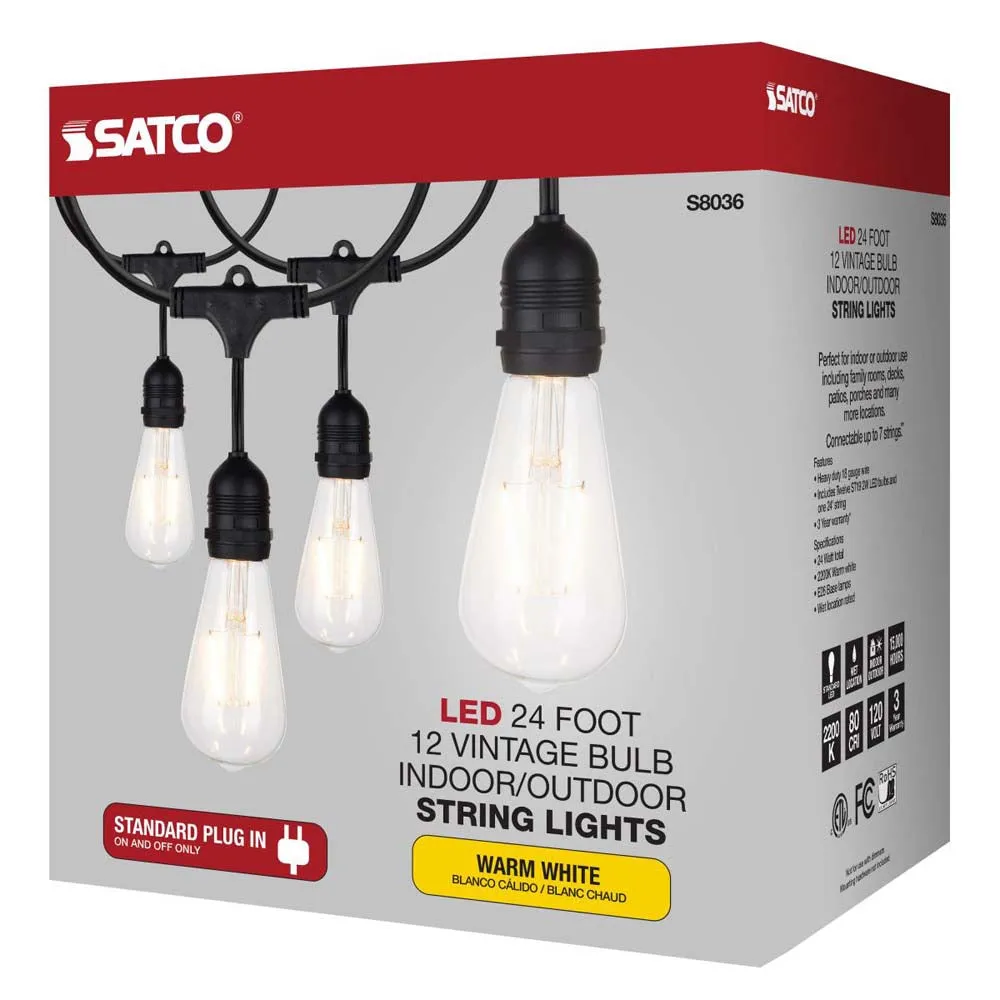 24-ft 24w 120v LED String Light -  Include 12 Vintage ST19 bulbs