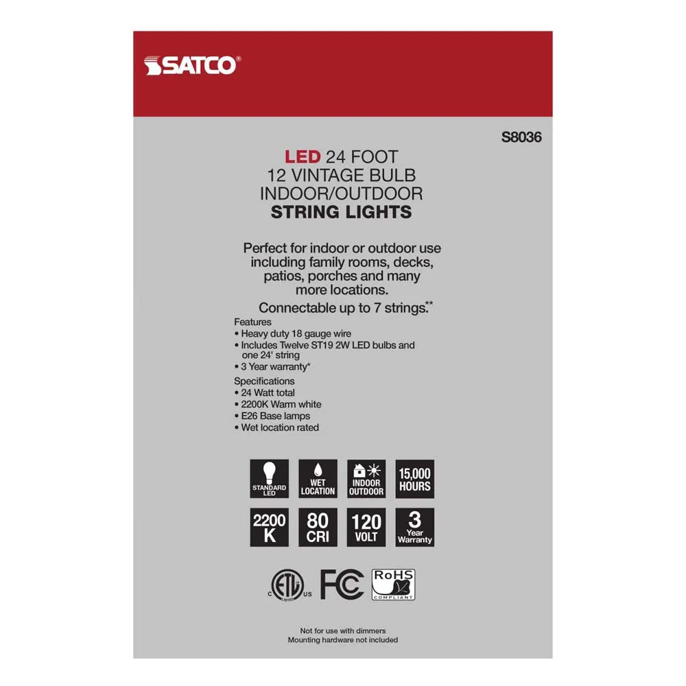 24-ft 24w 120v LED String Light -  Include 12 Vintage ST19 bulbs