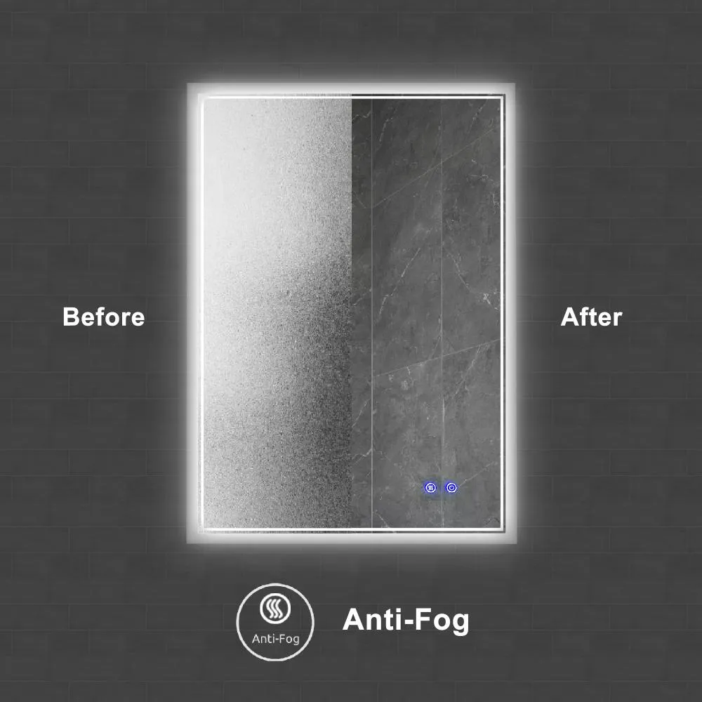 24 x 36 Inch Frameless LED Illuminated Bathroom Wall Mirror, Touch Button Defogger, Metal, Silver By The Urban Port