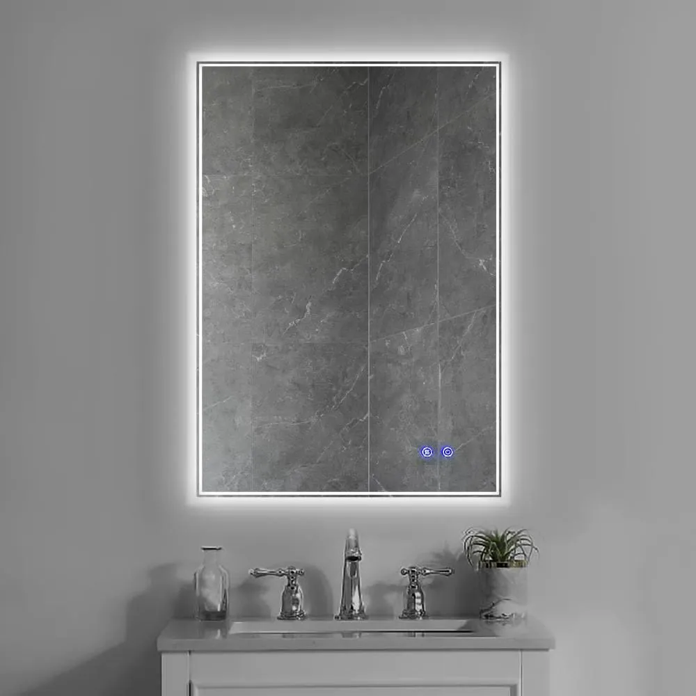 24 x 36 Inch Frameless LED Illuminated Bathroom Wall Mirror, Touch Button Defogger, Metal, Silver By The Urban Port