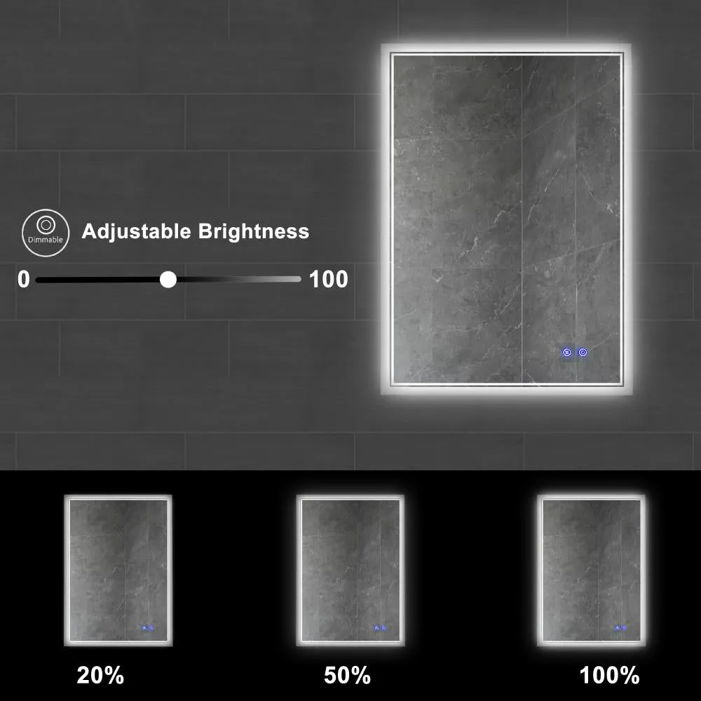 24 x 36 Inch Frameless LED Illuminated Bathroom Wall Mirror, Touch Button Defogger, Metal, Silver By The Urban Port
