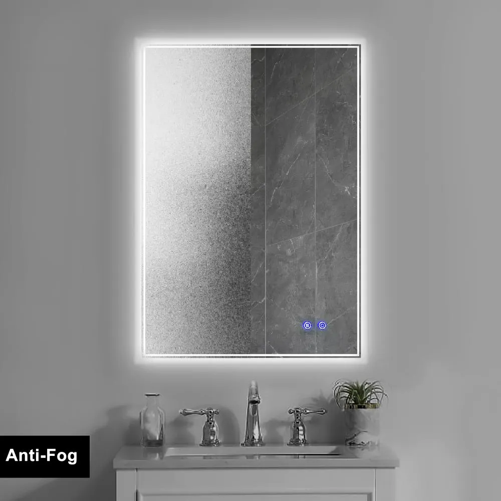24 x 36 Inch Frameless LED Illuminated Bathroom Wall Mirror, Touch Button Defogger, Metal, Silver By The Urban Port