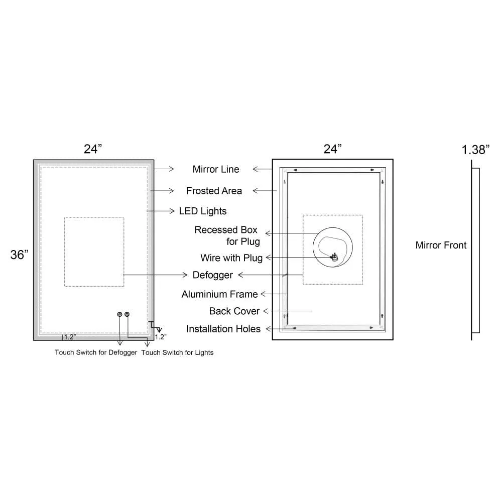 24 x 36 Inch Frameless LED Illuminated Bathroom Wall Mirror, Touch Button Defogger, Metal, Silver By The Urban Port