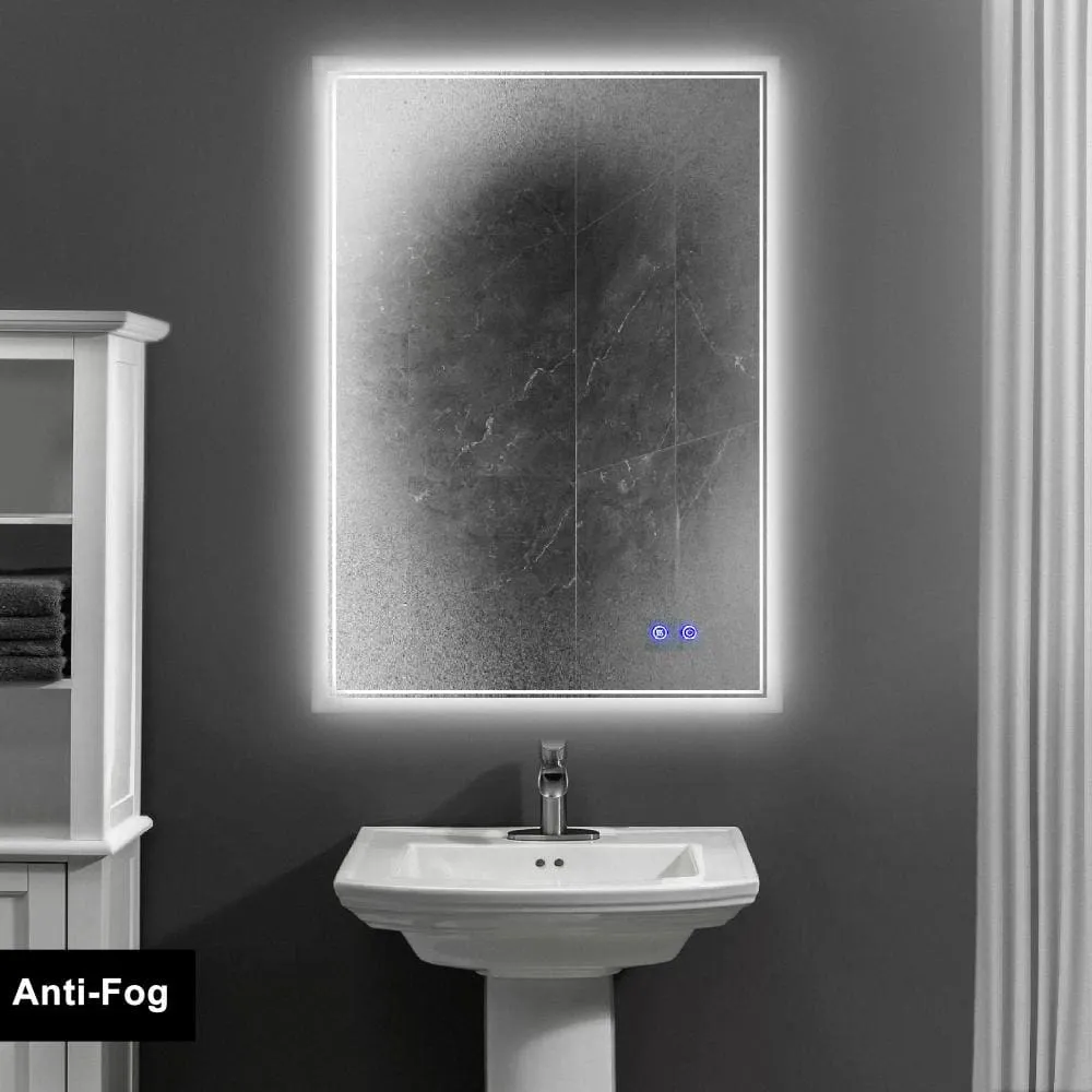 24 x 36 Inch Frameless LED Illuminated Bathroom Wall Mirror, Touch Button Defogger, Metal, Silver By The Urban Port