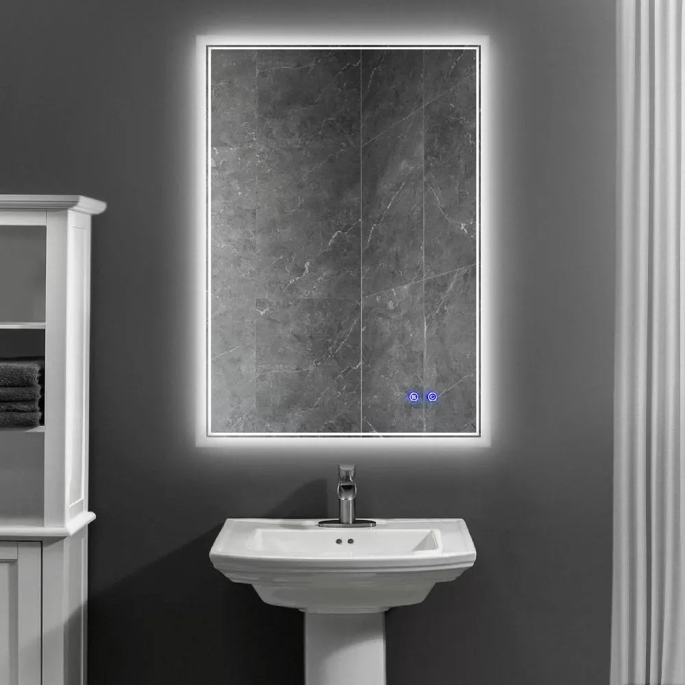 24 x 36 Inch Frameless LED Illuminated Bathroom Wall Mirror, Touch Button Defogger, Metal, Silver By The Urban Port