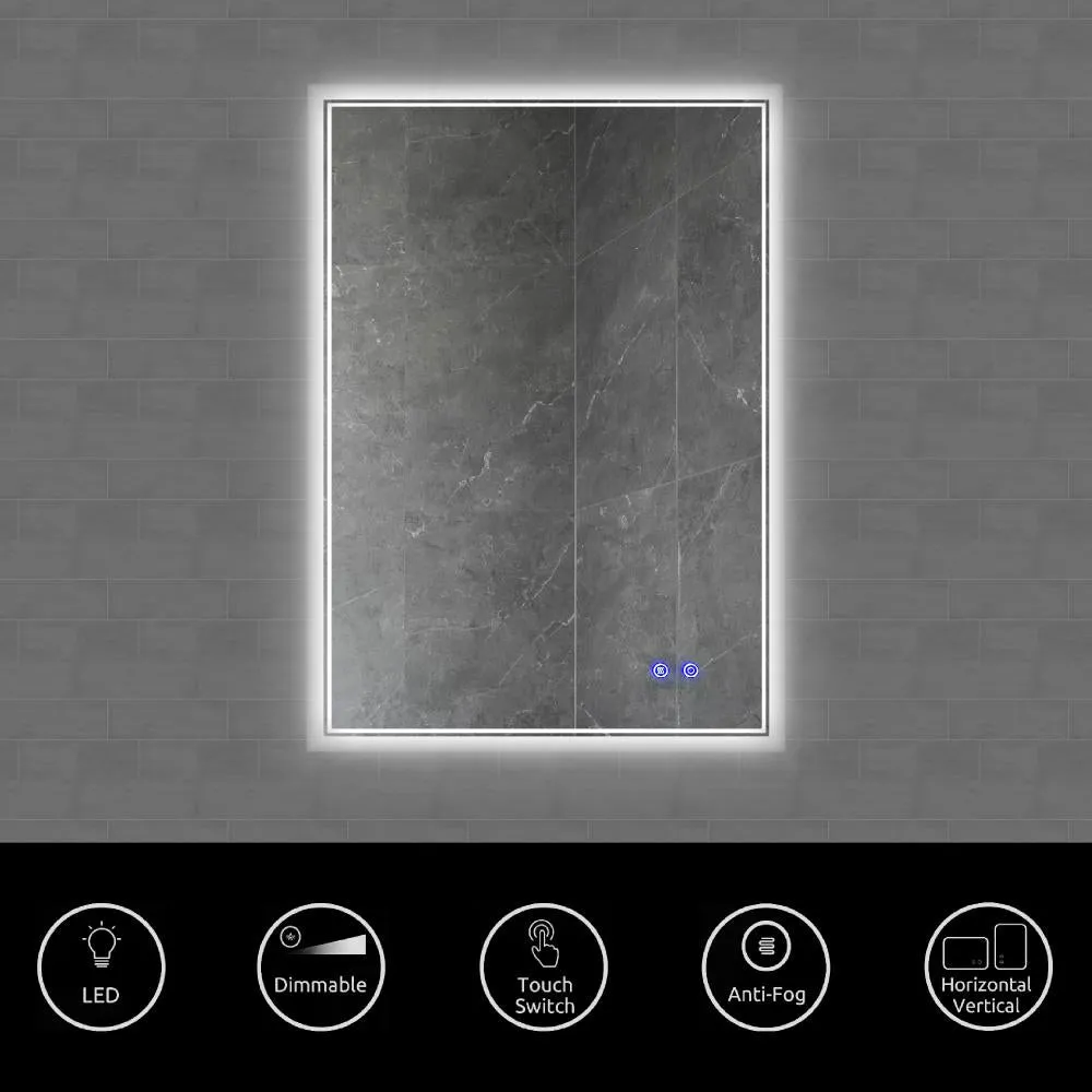 24 x 36 Inch Frameless LED Illuminated Bathroom Wall Mirror, Touch Button Defogger, Metal, Silver By The Urban Port
