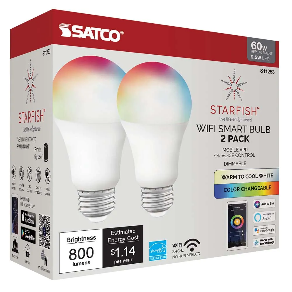 2Pk - Satco 9.5w A19 LED RGB Tunable White Starfish IOT 800 Lumens 120 Volt