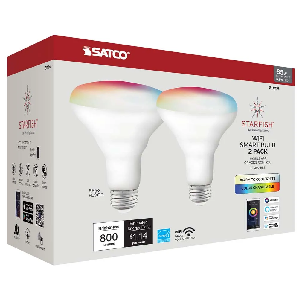 2Pk - Satco 9.5w BR30 LED RGB Tunable White Starfish IOT 800 Lumens 120 Volt