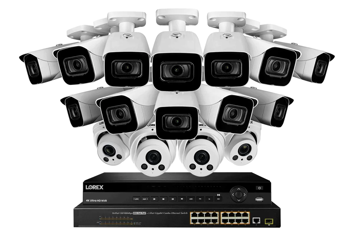 32 Channel IP Security Camera System with 12 4K Ultra HD Smart IP Bullet and 4 4K Motorized Varifocal Audio Dome Security Cameras.