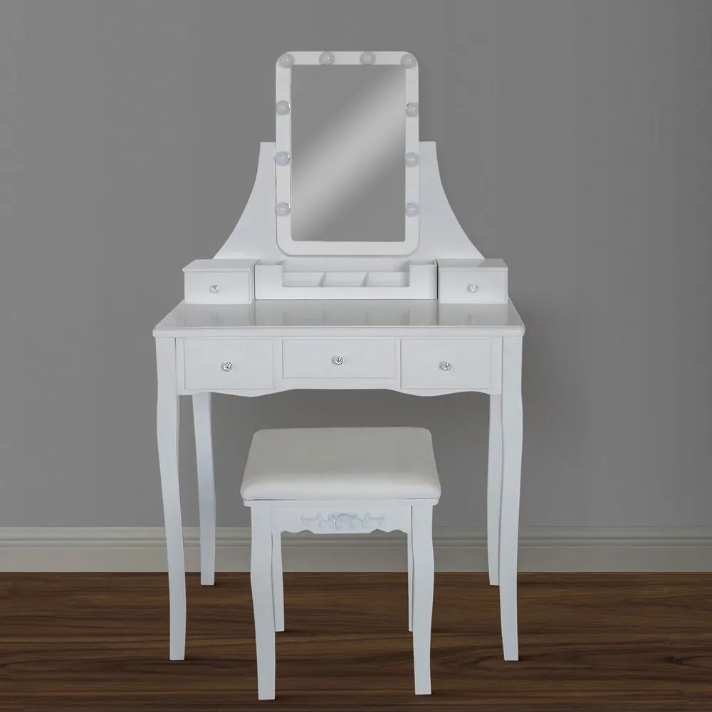32 Inch 3 Piece Vanity Desk Set with LED Lights, 5 Drawers, Cushioned Stool, White Solid Wood By The Urban Port