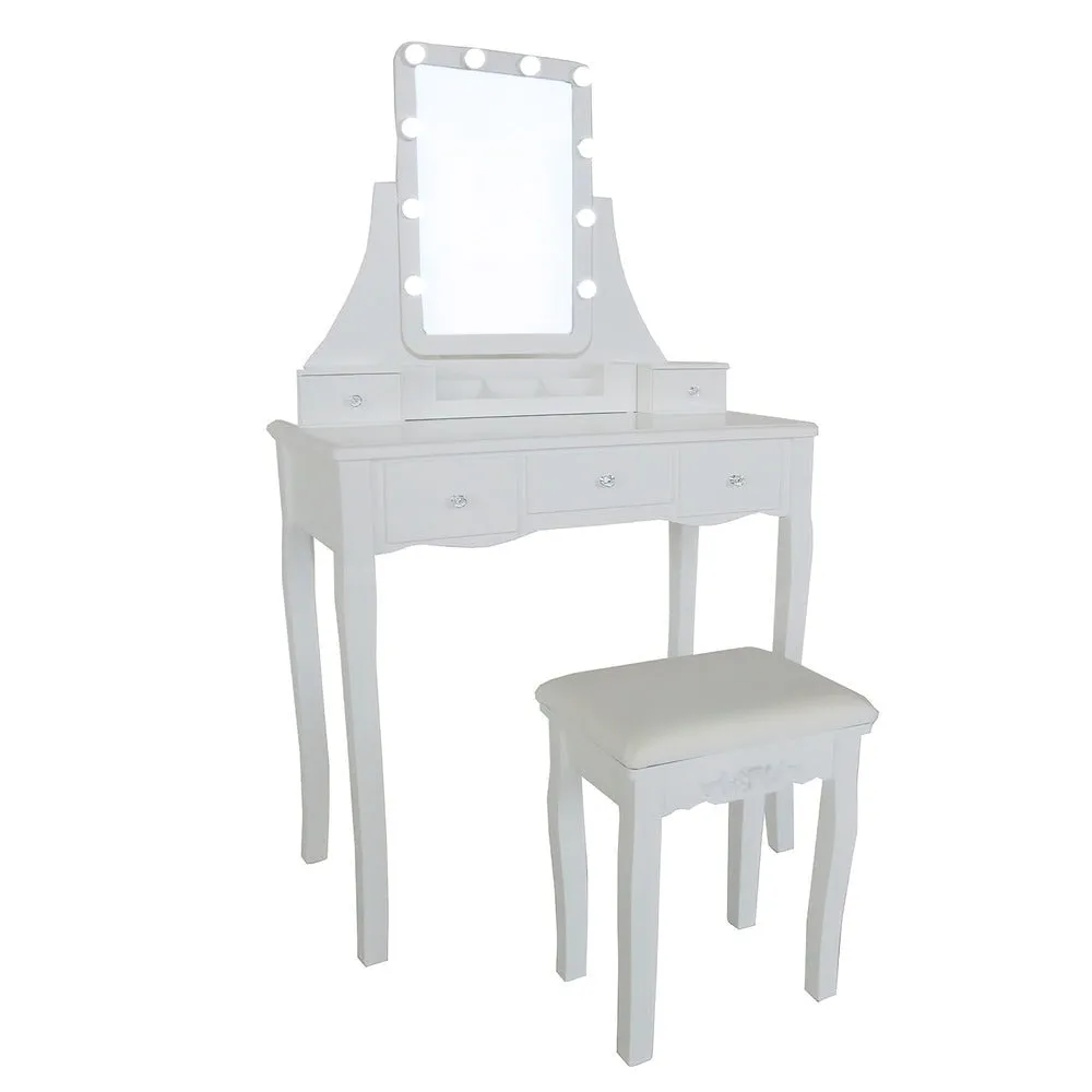 32 Inch 3 Piece Vanity Desk Set with LED Lights, 5 Drawers, Cushioned Stool, White Solid Wood By The Urban Port