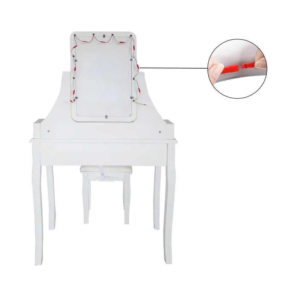 32 Inch 3 Piece Vanity Desk Set with LED Lights, 5 Drawers, Cushioned Stool, White Solid Wood By The Urban Port