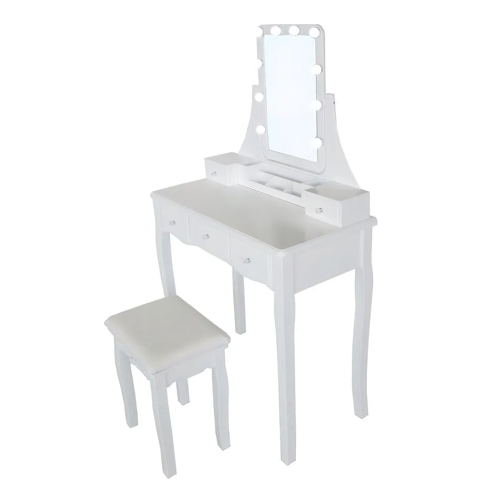 32 Inch 3 Piece Vanity Desk Set with LED Lights, 5 Drawers, Cushioned Stool, White Solid Wood By The Urban Port