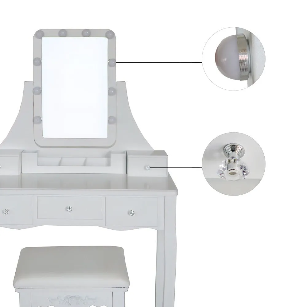 32 Inch 3 Piece Vanity Desk Set with LED Lights, 5 Drawers, Cushioned Stool, White Solid Wood By The Urban Port
