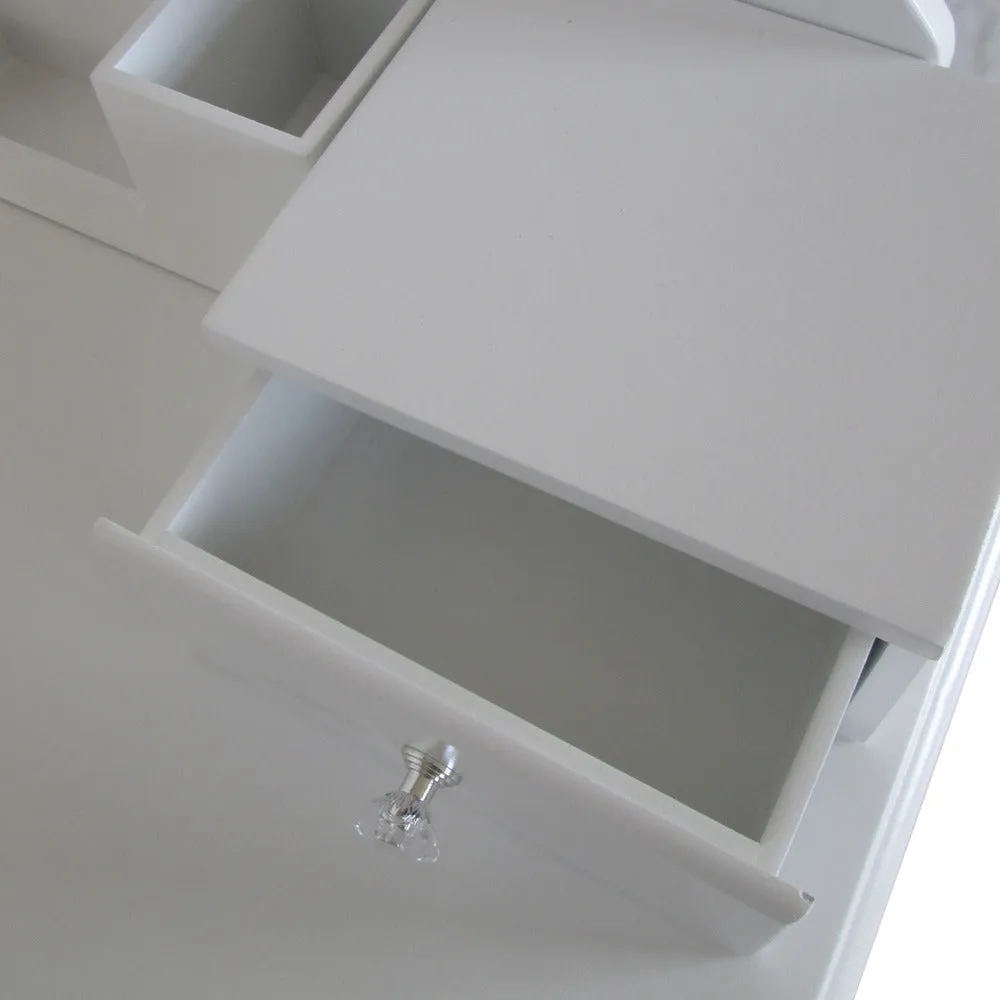 32 Inch 3 Piece Vanity Desk Set with LED Lights, 5 Drawers, Cushioned Stool, White Solid Wood By The Urban Port