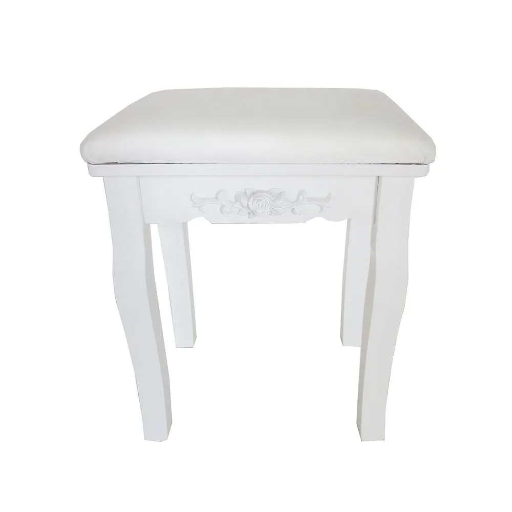 32 Inch 3 Piece Vanity Desk Set with LED Lights, 5 Drawers, Cushioned Stool, White Solid Wood By The Urban Port
