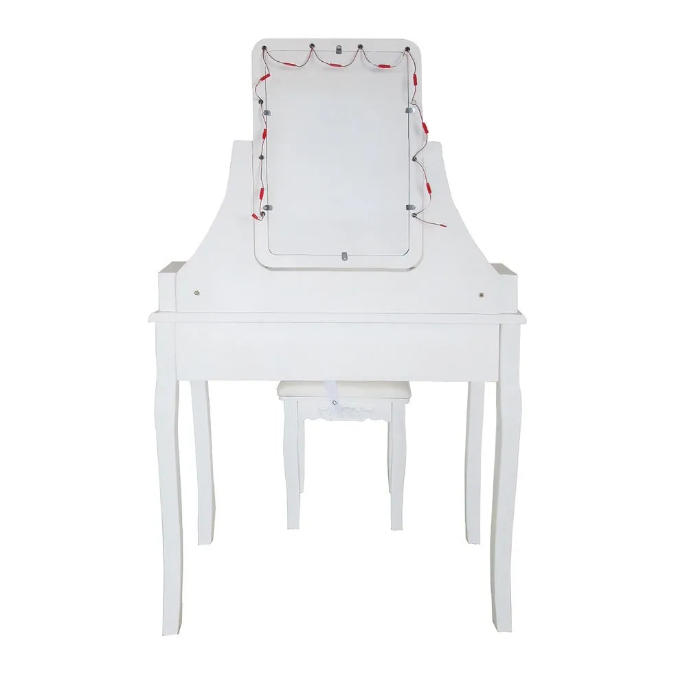 32 Inch 3 Piece Vanity Desk Set with LED Lights, 5 Drawers, Cushioned Stool, White Solid Wood By The Urban Port