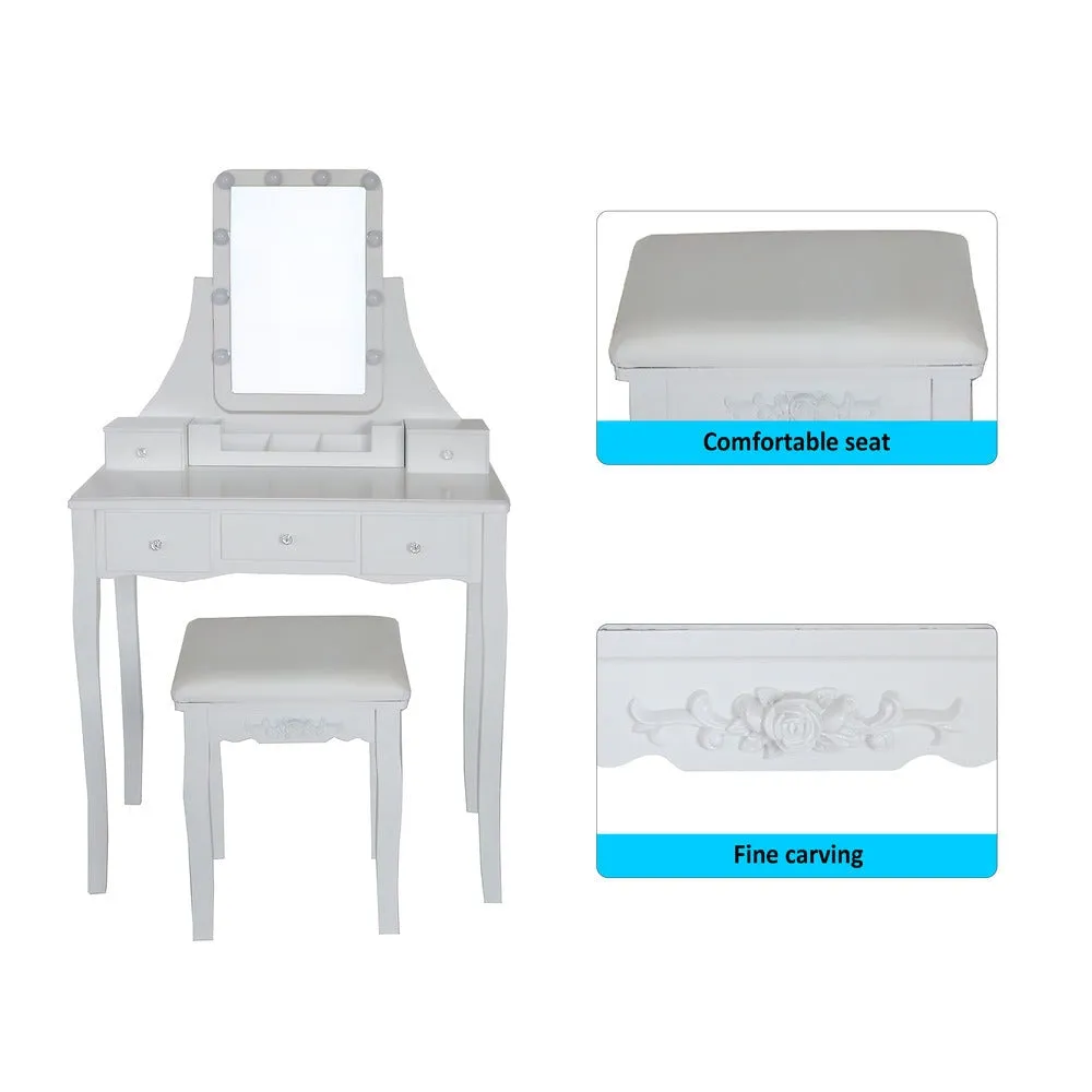 32 Inch 3 Piece Vanity Desk Set with LED Lights, 5 Drawers, Cushioned Stool, White Solid Wood By The Urban Port