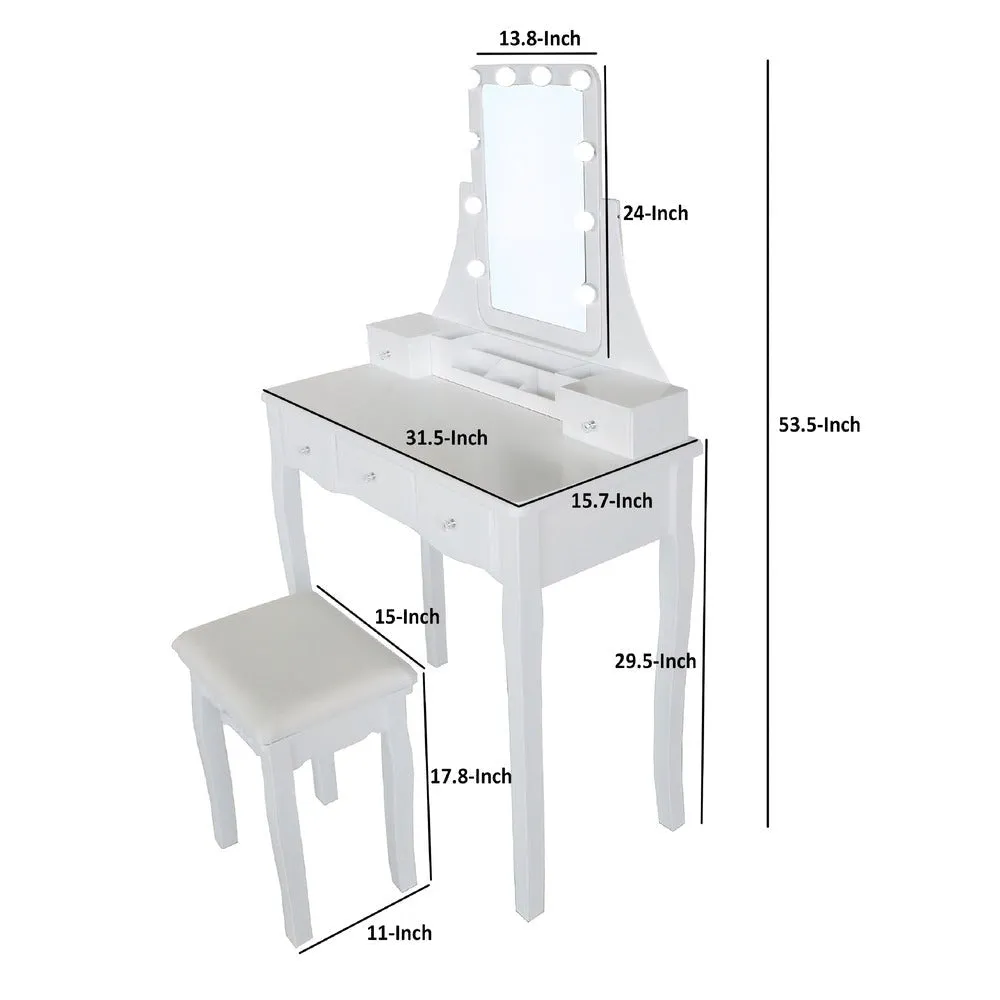 32 Inch 3 Piece Vanity Desk Set with LED Lights, 5 Drawers, Cushioned Stool, White Solid Wood By The Urban Port