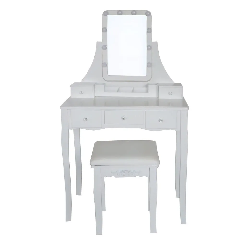 32 Inch 3 Piece Vanity Desk Set with LED Lights, 5 Drawers, Cushioned Stool, White Solid Wood By The Urban Port