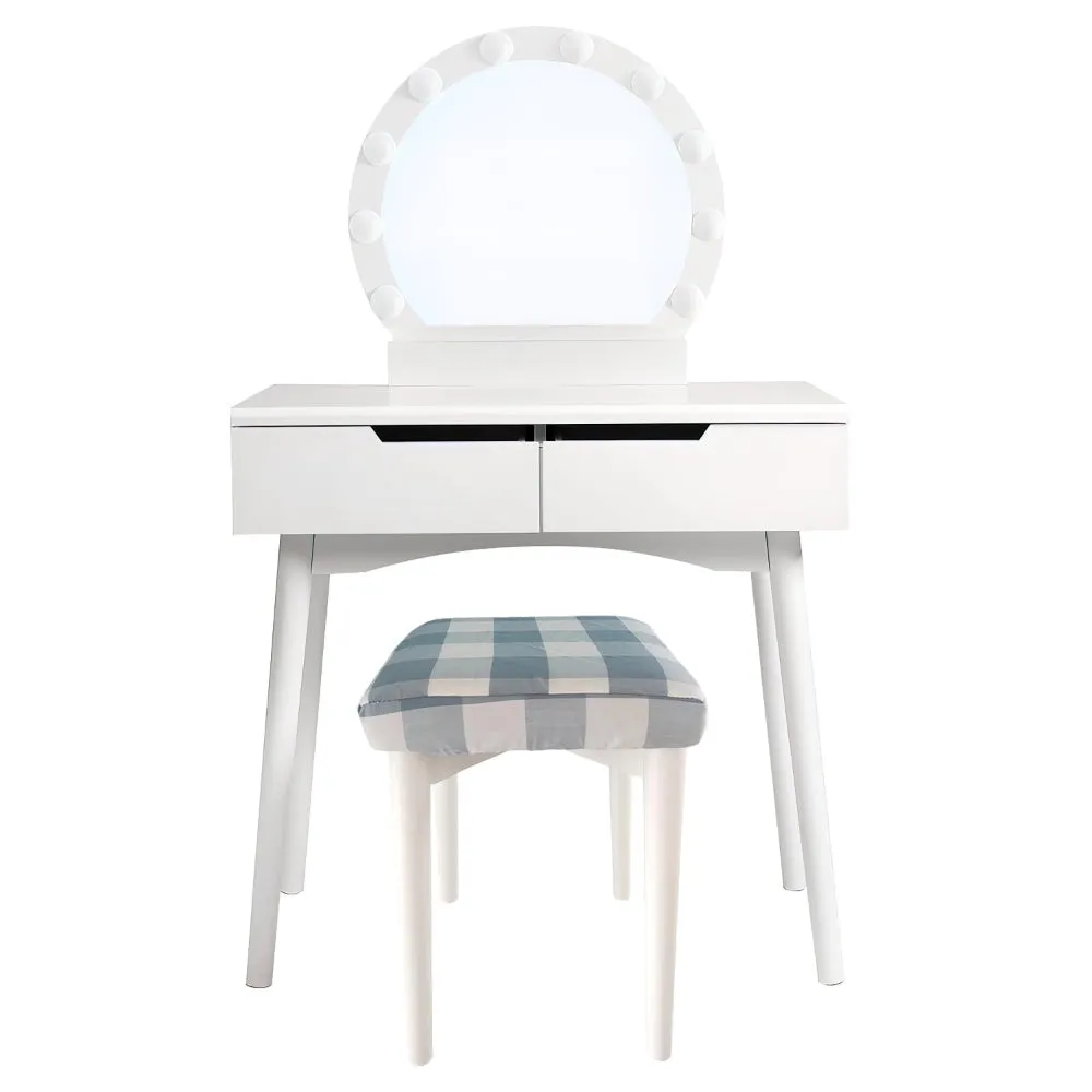 32 Inch 3 Piece Vanity Dressing Table Set with LED Mirror, 2 Drawers, Cushioned Stool, White Solid Wood By The Urban Port
