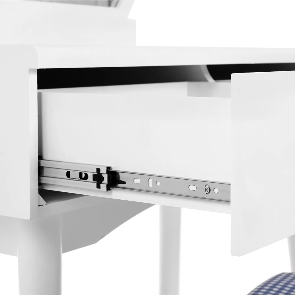 32 Inch 3 Piece Vanity Dressing Table Set with LED Mirror, 2 Drawers, Cushioned Stool, White Solid Wood By The Urban Port