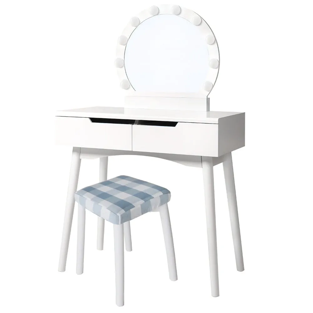 32 Inch 3 Piece Vanity Dressing Table Set with LED Mirror, 2 Drawers, Cushioned Stool, White Solid Wood By The Urban Port