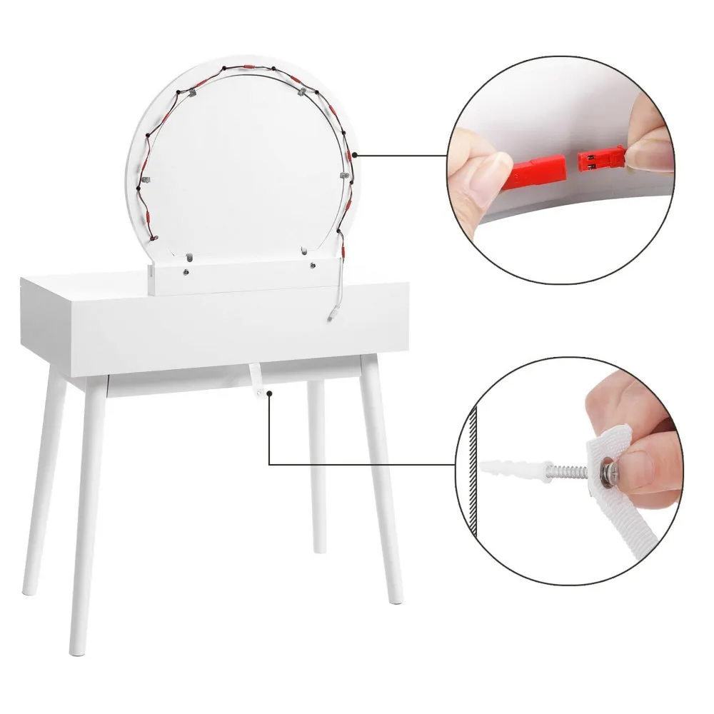 32 Inch 3 Piece Vanity Dressing Table Set with LED Mirror, 2 Drawers, Cushioned Stool, White Solid Wood By The Urban Port